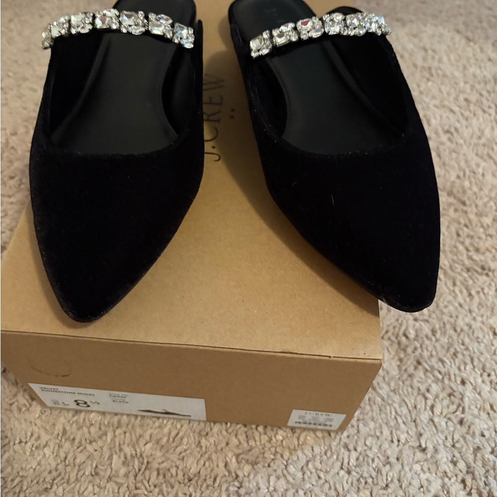 J. Crew Black Velvet Pointed Toe Mules with Crystal Strap - Picture 3 of 5